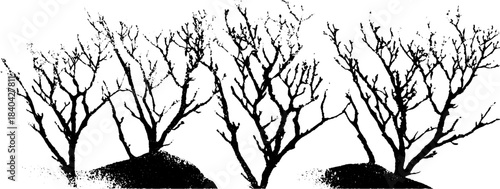 Monochrome stencil art of tangled mountain shrubs with intricate branch patterns