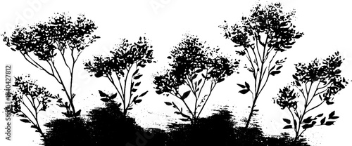 Black and white stencil illustration of tangled mountain shrub silhouettes for nature art design