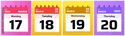 March 2025 calendar date set in colorful flat style, suitable for planners, reminders, scheduling graphics, and modern calendar designs. Calendar Dates Set 17,18,19,20 March 2025 