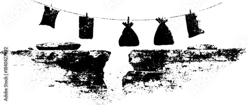 Urban grunge stencil with hanging bags and rough textured wall design