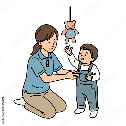 Occupational therapy in pediatric clinic. Child developmental intervention. Modern Japanese Simple Line Art Illustration Vector.