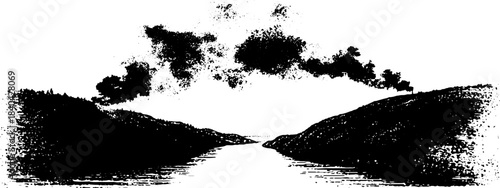 Black and white stencil illustration of thick fog rising over a serene mountain valley