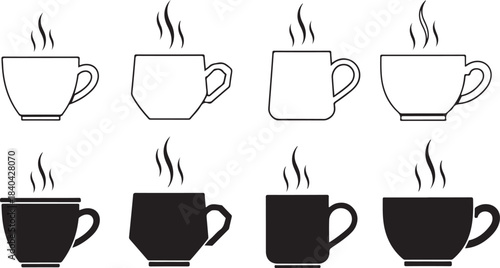 Black and white outline coffee cups with steam and solid fill saucer hot beverage