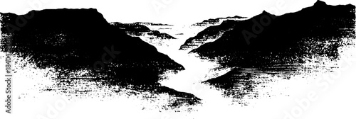 Black and white stencil of fog rising along mountain pass - urban graffiti art design
