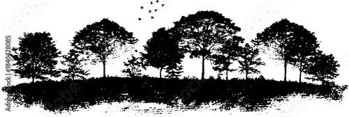 Black and white stencil illustration of thick hedgerow and tree silhouettes in nature scene