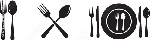 Black silhouette icons of cutlery and plate arrangement silverware fork