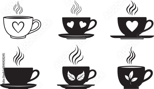 Black Coffee Cups with Decorative Elements and Steam drink