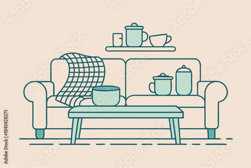 Cozy living room scene with sofa, coffee table, cups and blanket in minimal line art style