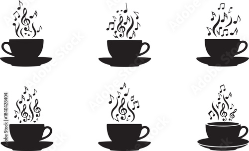 Coffee cups with musical notes rising as steam silhouettes saucer