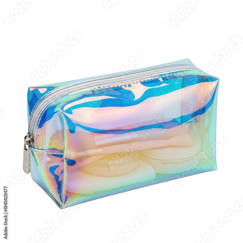 Iridescent Transparent Cosmetic Bag with Makeup Brushes and Compacts makeup bag holographic