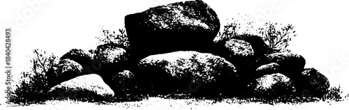 Black and white stencil illustration of moss-covered rocks in nature scene