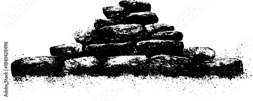 Black and white stencil illustration of moss-covered rock formation