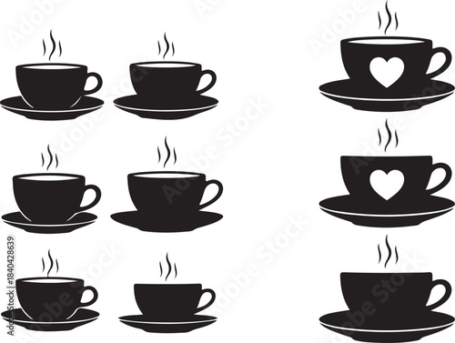 Collection of black coffee cups and saucers with steam and heart hot beverage drink