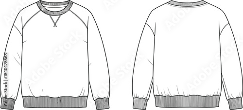 Oversized Raglan Sleeve Crew Neck Sweatshirt Technical Fashion Flat Sketch CAD Drawing Vector Illustration for Apparel Design Template, Front and Back View