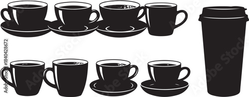 Collection of black coffee cups mugs and to go cup silhouettes saucer beverage
