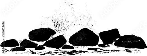 Abstract black and white sea foam scene with rocks