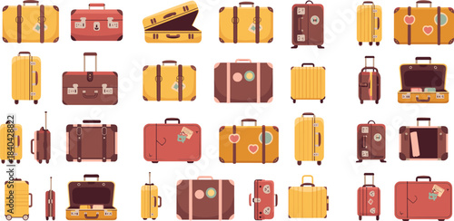 Travel luggage set, vintage suitcases, modern rolling bags, baggage icons, holiday travel gear, suitcase collection, tourism equipment illustration