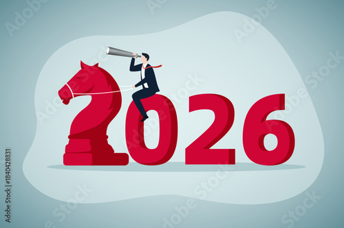 A businessman rides a chess knight (shaped as "2" in "2026") while using a telescope, symbolizing strategic foresight for the 2026 Year of the Horse (Chinese zodiac).