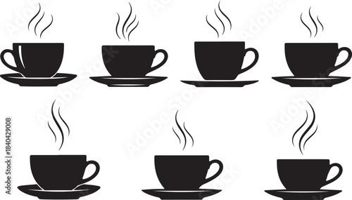 Eight black coffee cup icons with steam on white background hot drink beverage