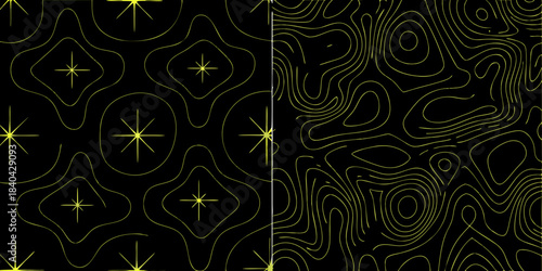 Abstract geometric patterns in yellow and black stars and flowing lines
