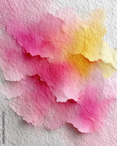 Layered watercolor texture in pink and yellow gradient, with torn edges and soft shadows on textured white background. Abstract artistic design, ideal for wallpaper, poster, banner