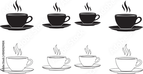 Four Black and White Silhouettes of Coffee Cups with Steam Keywords: coffee, cup, mug, hot