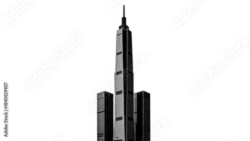 Skyward Structure: An imposing skyscraper reaches towards the heavens, its sleek design and towering presence defining the city skyline, symbolizing progress and innovation.
