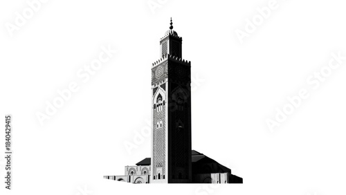 Majestic Minaret: A captivating grayscale perspective of a tall minaret reaching towards the sky, showcasing the intricate architectural details and cultural heritage.