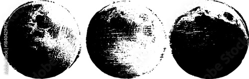 Monochrome stencil illustration of three aligned moons in grunge style for creative design