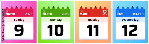 March 2025 calendar date collection with clean flat colors, suitable for planners, reminders, scheduling tools, and modern calendar layouts. Date Set 9,10,11,12 March 2025 Calendar 