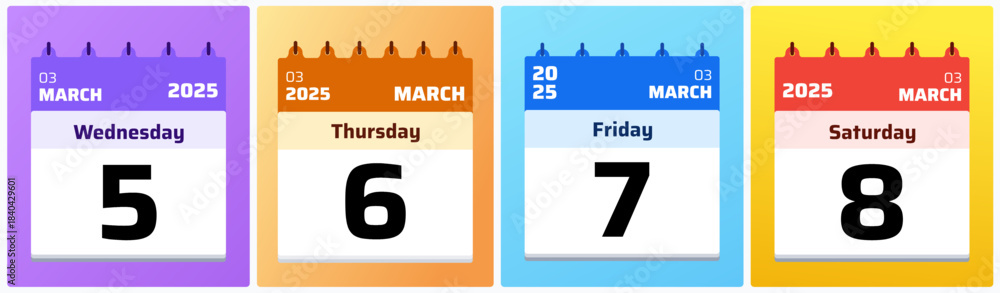 Fototapeta premium March 2025 daily calendar set in colorful flat style, ideal for planners, reminders, scheduling graphics, and productivity visuals