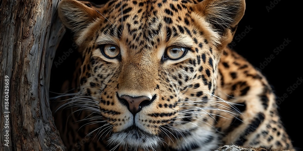 Fototapeta premium Majestic leopard portrait with piercing blue eyes and spotted coat pattern resting near wooden log in natural habitat for wildlife photography and nature content.