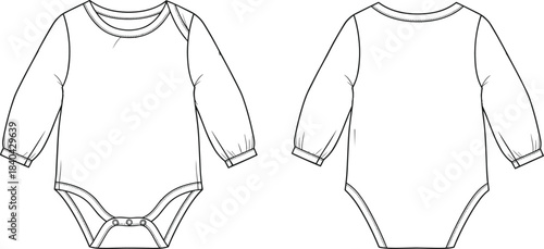 Infant's technical flat sketch of a classic long-sleeve bodysuit featuring a wide round neckline and standard three-snap crotch closure, vector.
