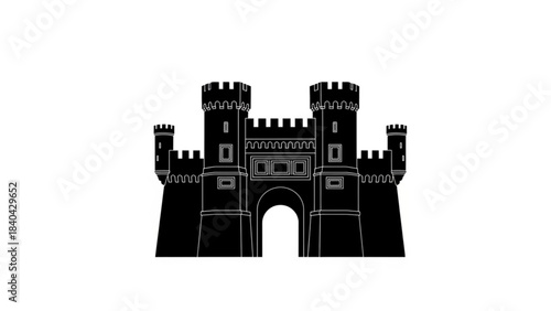 Fortress Gateway Silhouette: A stark black silhouette of a fortified gateway with twin towers and battlements, standing as a symbol of defense and history.