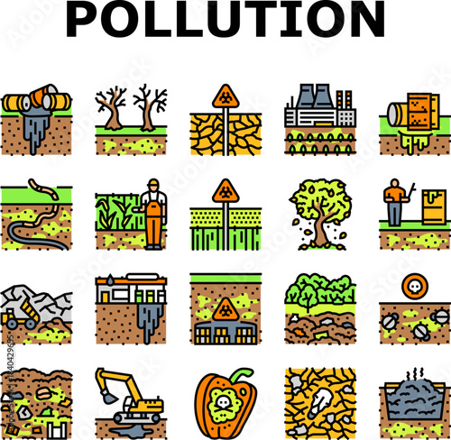soil pollution erosion icons set vector