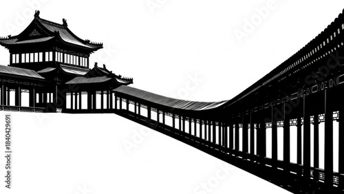 Harmony in Structure: A striking black and white capture of a traditional East Asian building, showcasing architectural elegance and timeless design, with its intricately curved rooflines.