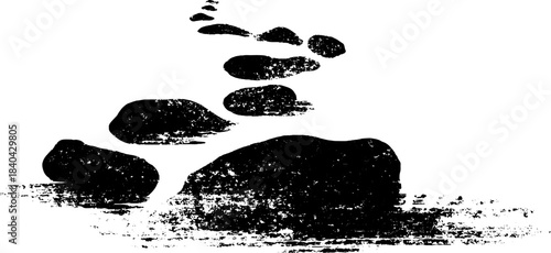 Black and white stencil illustration of curving tidal water and rocks