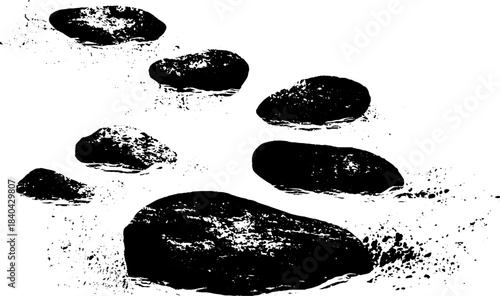 Black and white stencil illustration of tidal water and stones
