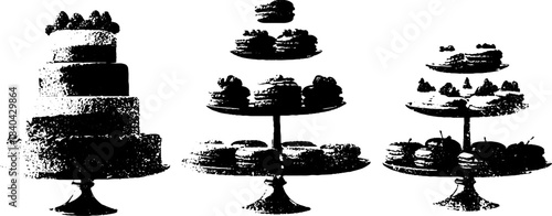 Black and white stencil illustration of tiered dessert boxes for culinary art and design
