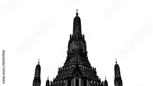 Magnificent Temple Silhouette: A dramatic black and white image capturing the intricate architecture of a towering temple, showcasing its exquisite design against the sky.