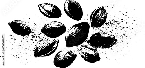 Black and white stencil of woodland seeds with splatter design for posters