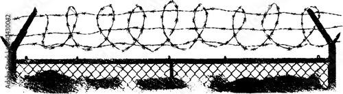Grunge style black and white stencil of torn chainlink fence with barbed wire