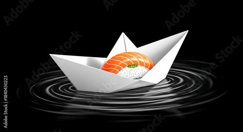 white origami paper boat carrying one nigiri, floating on black water, japanese minimalist illustration 