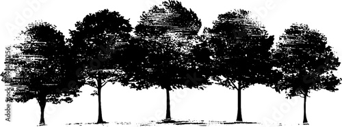 Black and white stencil illustration of five tree silhouettes for nature designs