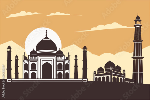 Silhouetted Taj Mahal and Mughal domes glow against a warm sunset sky, evoking timeless Indian grandeur.