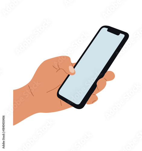 Clean flat illustration of a light-toned hand holding a modern smartphone with a black bezel and blue-white screen isolated on transparent background