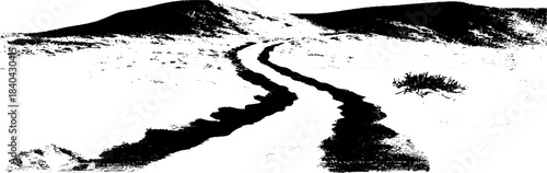 Black and white stencil art of desert dunes and trough pathway