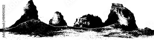 Black and white stencil landscape of rocky terrain and turbulent foam swirl design for artistic decor