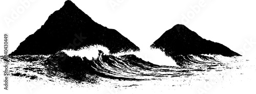 Black and white stencil of turbulent ocean waves and mountainous background