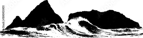 Dramatic black and white stencil of ocean waves crashing against rocks